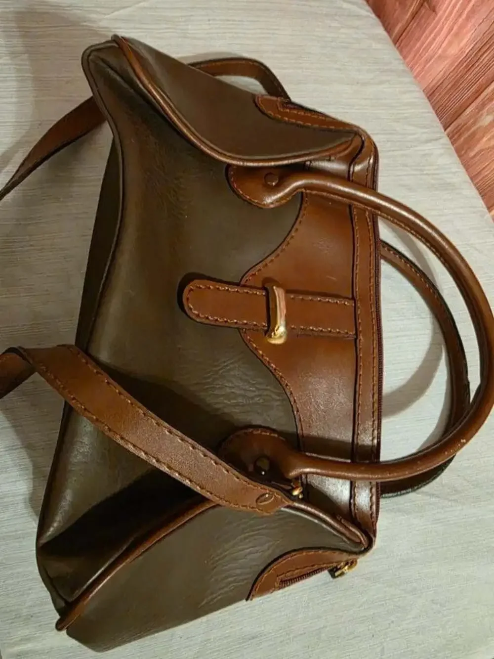 Vintage Two-Tone Brown & Olive Satchel Bag - Double Handles & Crossbody Strap